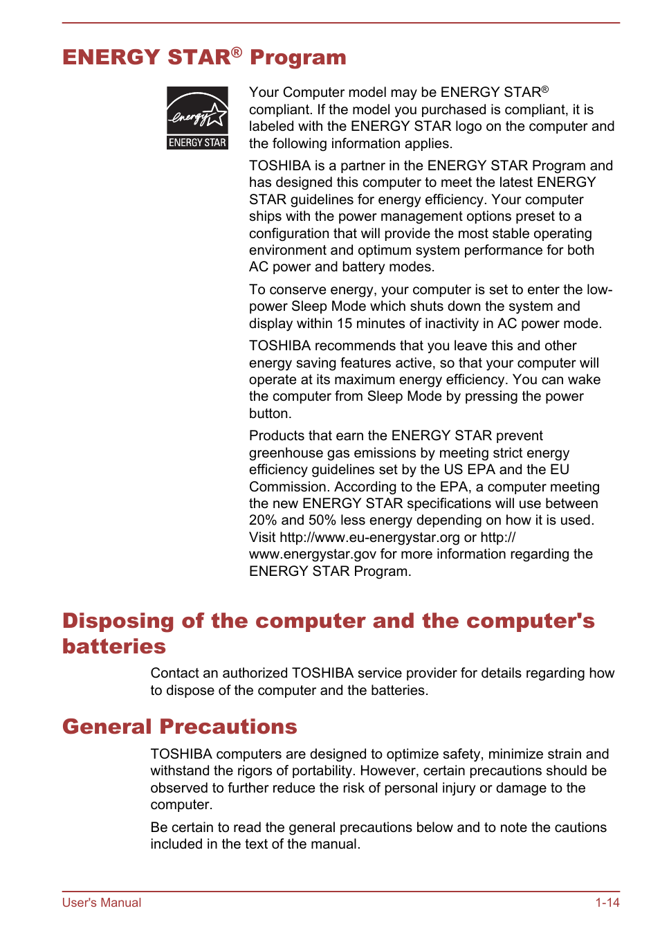 Energy star® program, General precautions, Energy star | Program | Toshiba Portege Z30T-A User Manual | Page 17 / 156