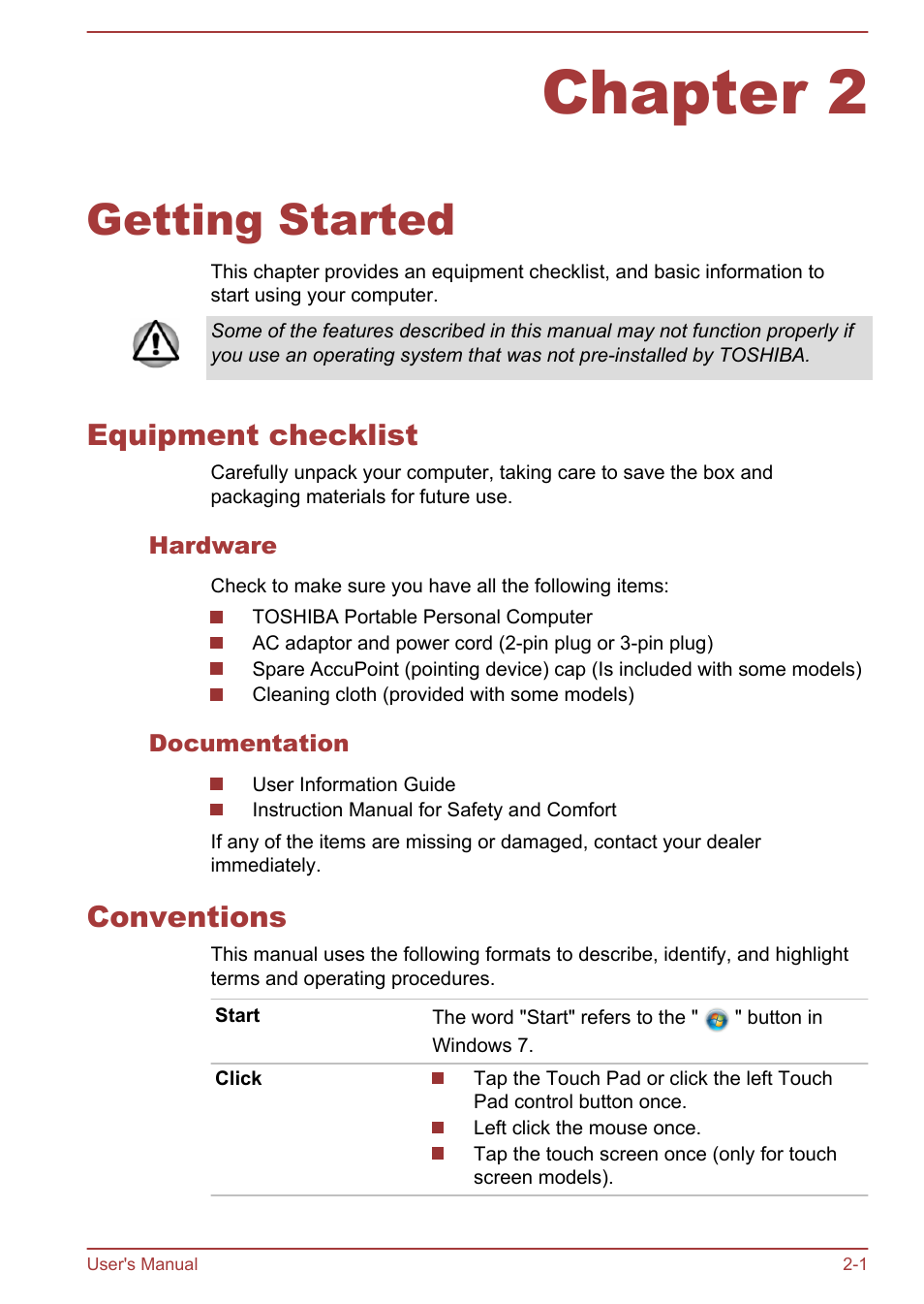 Chapter 2 getting started, Equipment checklist, Hardware | Documentation, Conventions, Chapter 2, Getting started, Equipment checklist -1 conventions -1 | Toshiba Portege Z30T-A User Manual | Page 21 / 156