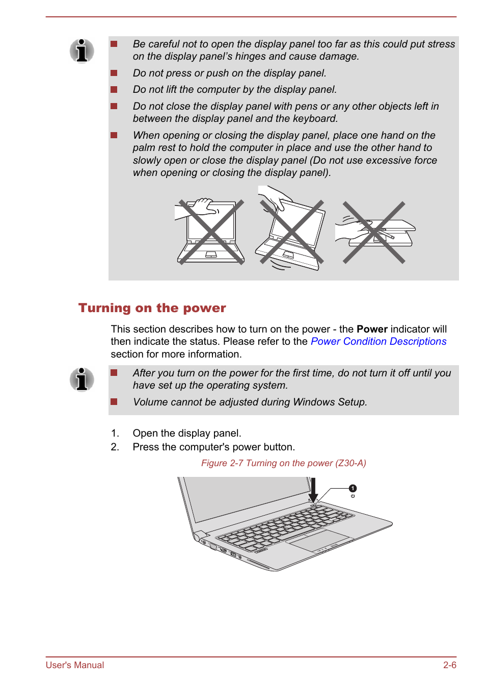 Turning on the power | Toshiba Portege Z30T-A User Manual | Page 26 / 156