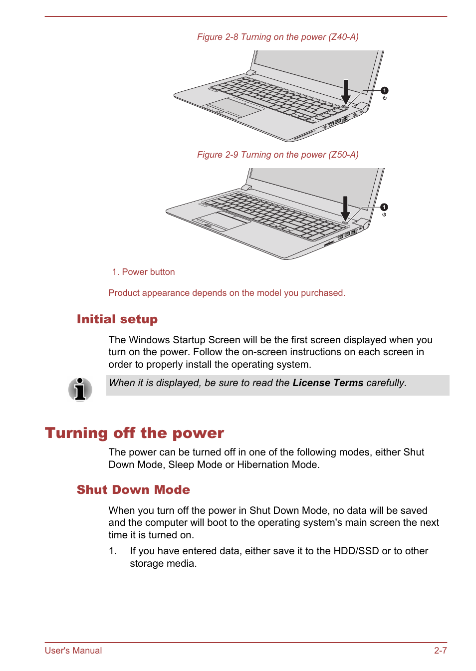 Initial setup, Turning off the power, Shut down mode | Turning off the power -7 | Toshiba Portege Z30T-A User Manual | Page 27 / 156