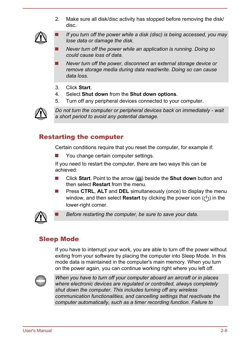 Restarting the computer, Sleep mode | Toshiba Portege Z30T-A User Manual | Page 28 / 156