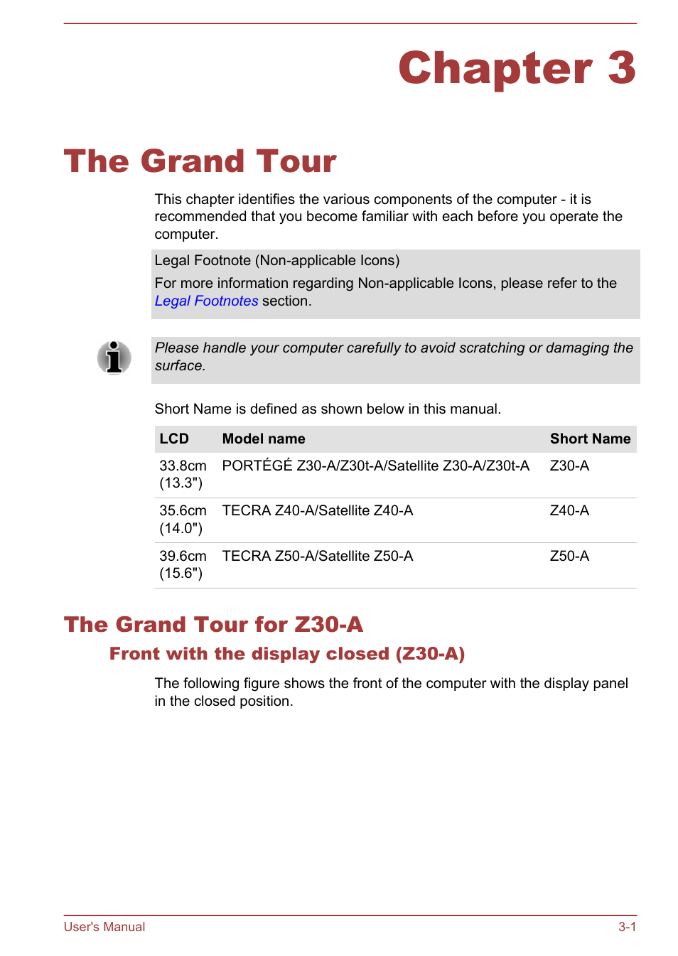 Chapter 3 the grand tour, The grand tour for z30-a, Front with the display closed (z30-a) | Chapter 3, The grand tour, The grand tour for z30-a -1 | Toshiba Portege Z30T-A User Manual | Page 32 / 156