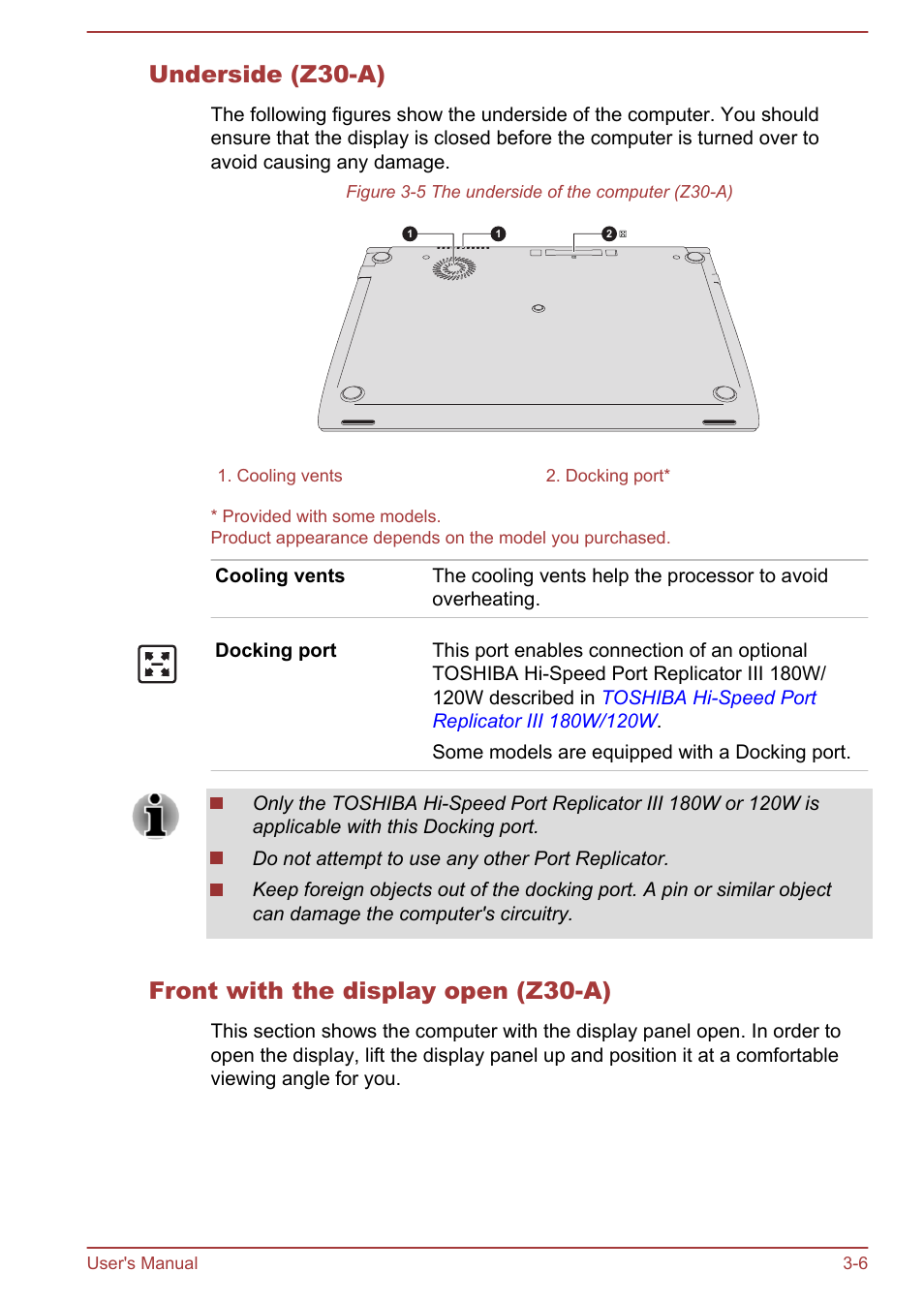 Underside (z30-a), Front with the display open (z30-a) | Toshiba Portege Z30T-A User Manual | Page 37 / 156
