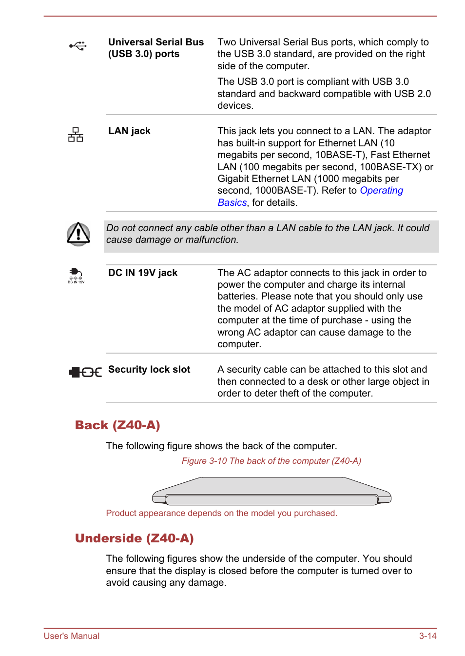 Back (z40-a), Underside (z40-a) | Toshiba Portege Z30T-A User Manual | Page 45 / 156