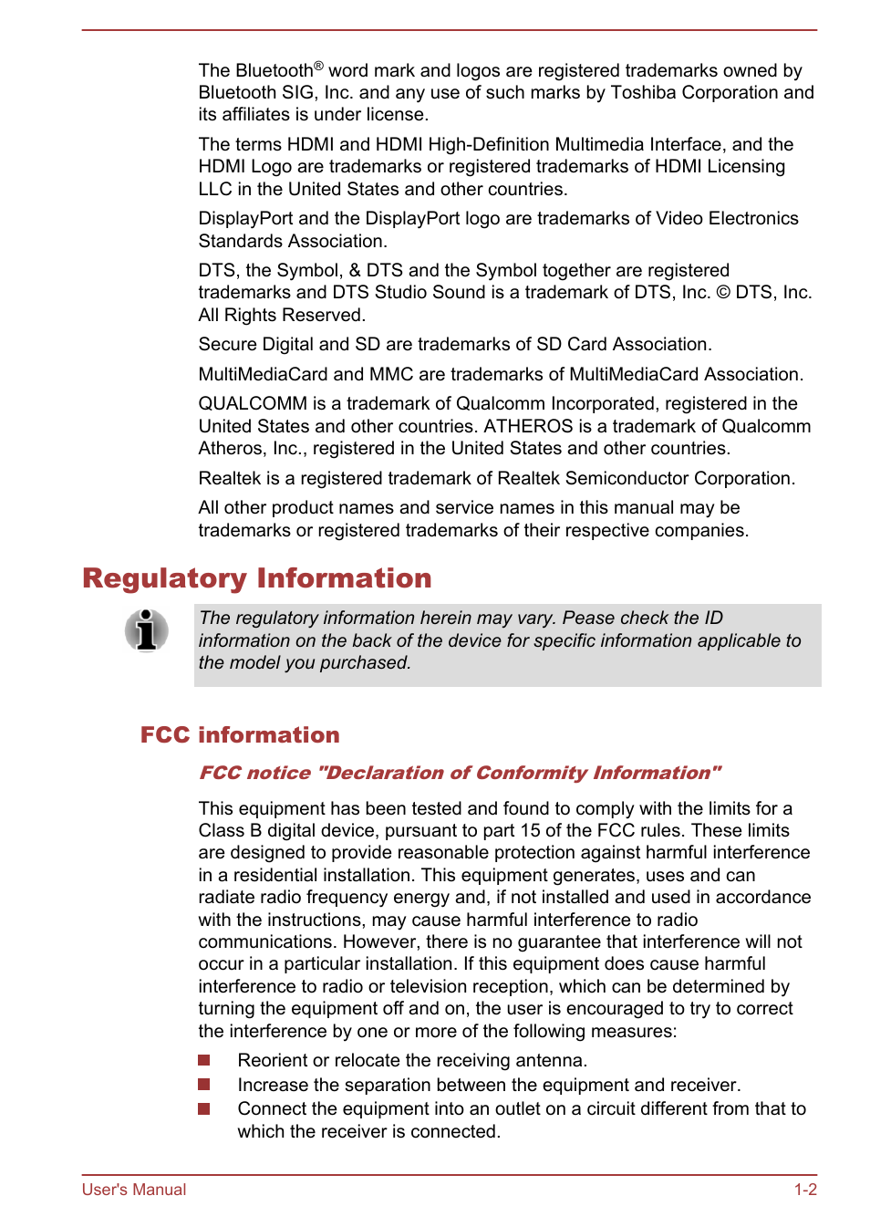 Regulatory information, Fcc information, Regulatory information -2 | Toshiba Portege Z30T-A User Manual | Page 5 / 156