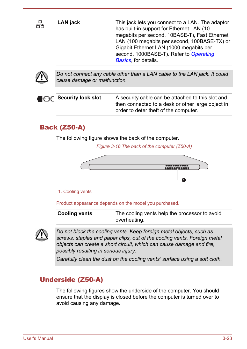 Back (z50-a), Underside (z50-a) | Toshiba Portege Z30T-A User Manual | Page 54 / 156