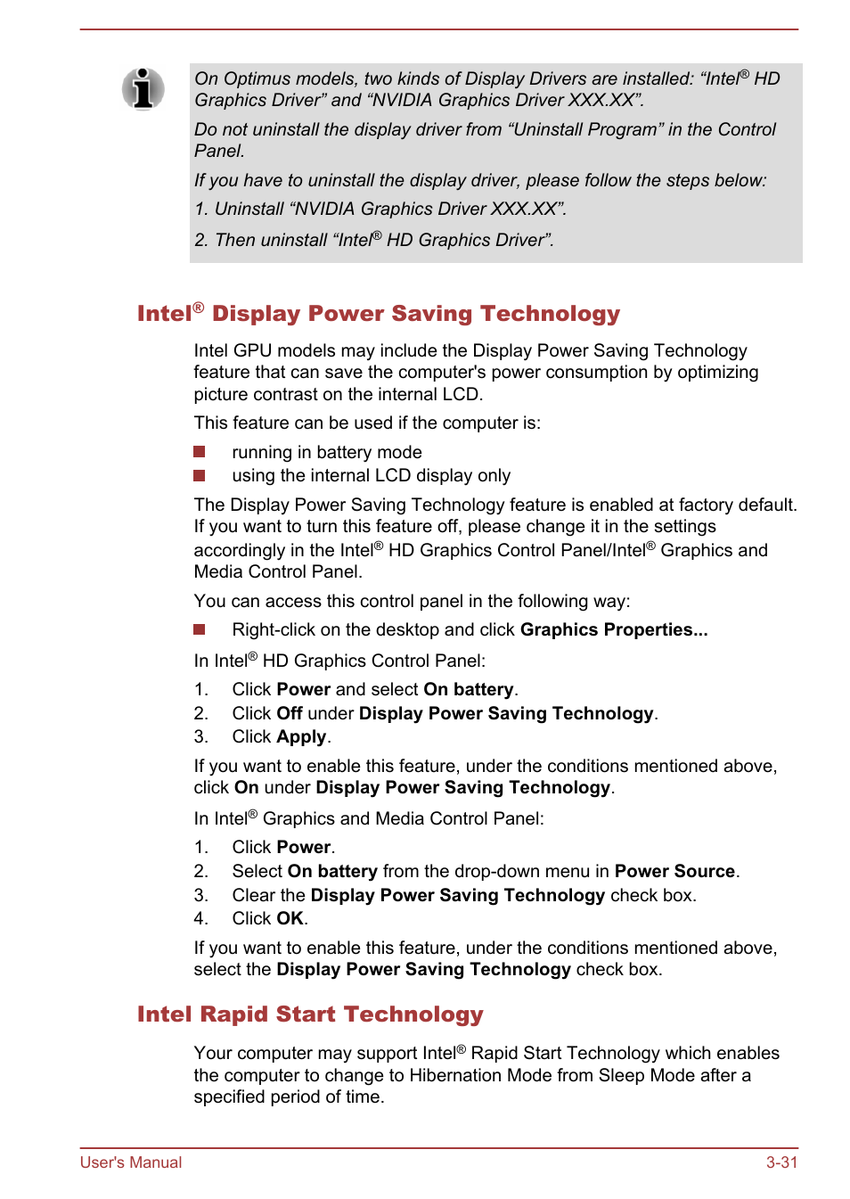 Intel® display power saving technology, Intel rapid start technology, Intel | Display power saving technology | Toshiba Portege Z30T-A User Manual | Page 62 / 156