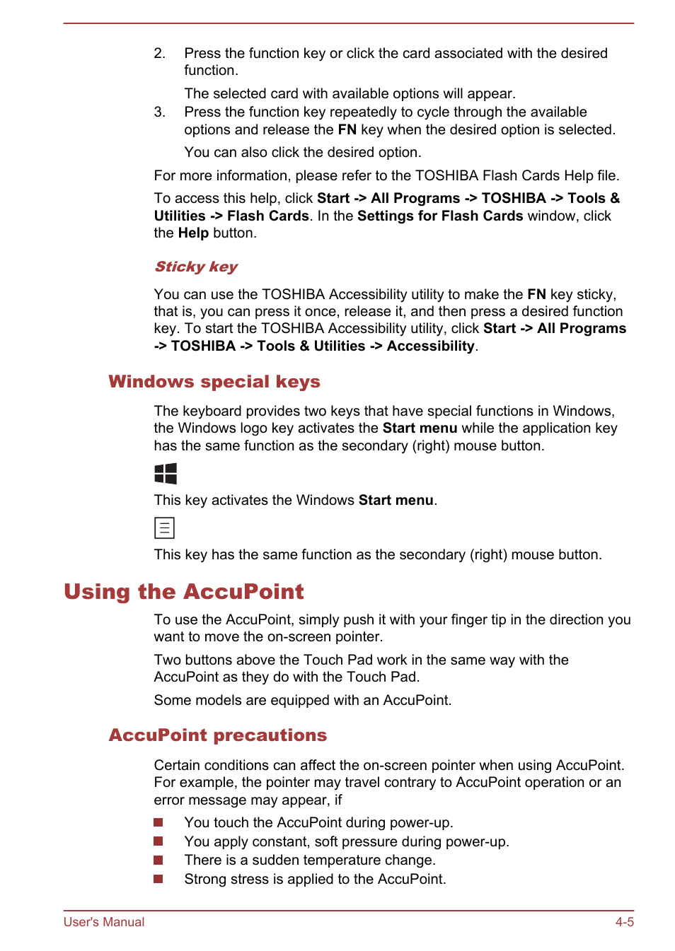 Windows special keys, Using the accupoint, Accupoint precautions | Using the accupoint -5 | Toshiba Portege Z30T-A User Manual | Page 71 / 156