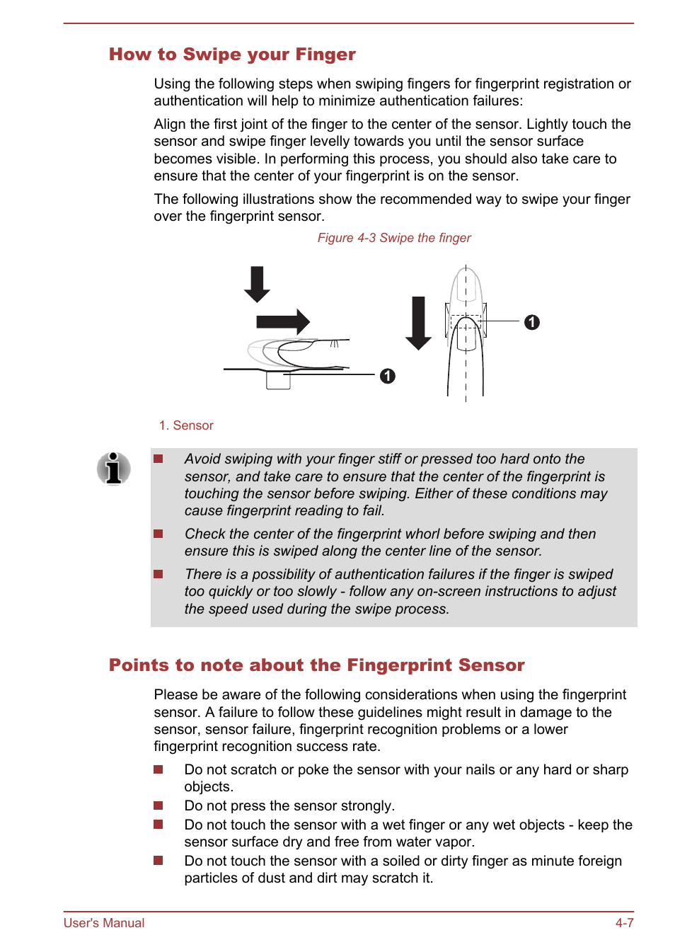 How to swipe your finger, Points to note about the fingerprint sensor | Toshiba Portege Z30T-A User Manual | Page 73 / 156