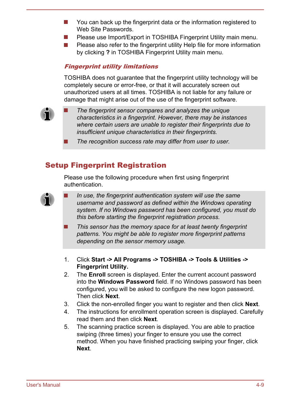 Setup fingerprint registration | Toshiba Portege Z30T-A User Manual | Page 75 / 156