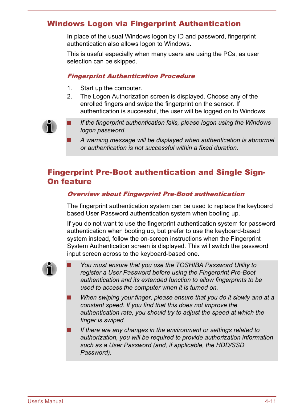 Windows logon via fingerprint authentication | Toshiba Portege Z30T-A User Manual | Page 77 / 156