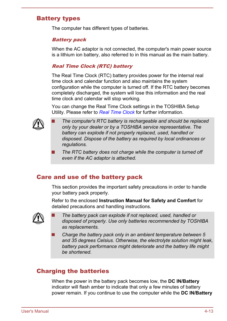 Battery types, Care and use of the battery pack, Charging the batteries | Toshiba Portege Z30T-A User Manual | Page 79 / 156