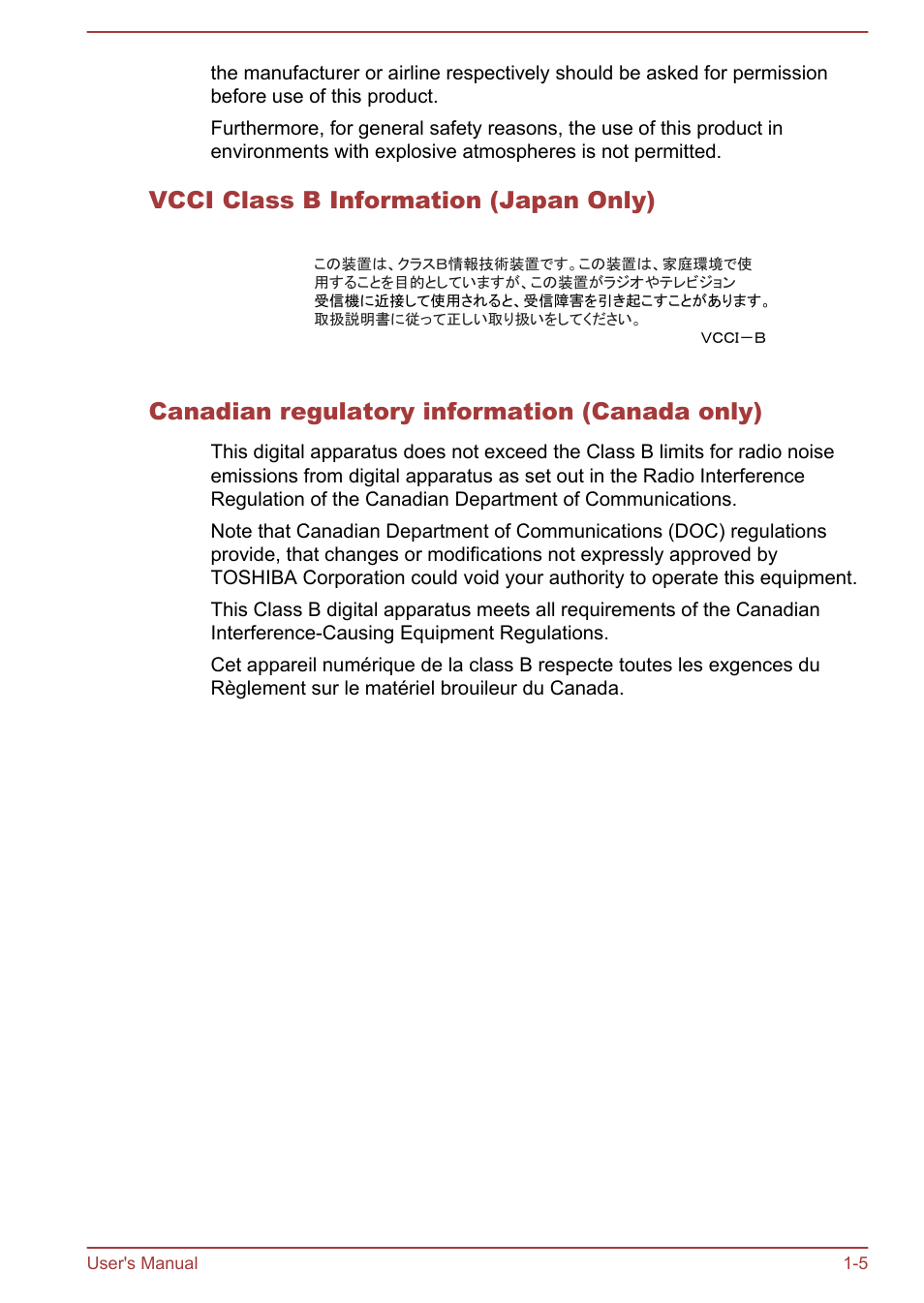 Vcci class b information (japan only), Canadian regulatory information (canada only) | Toshiba Portege Z30T-A User Manual | Page 8 / 156