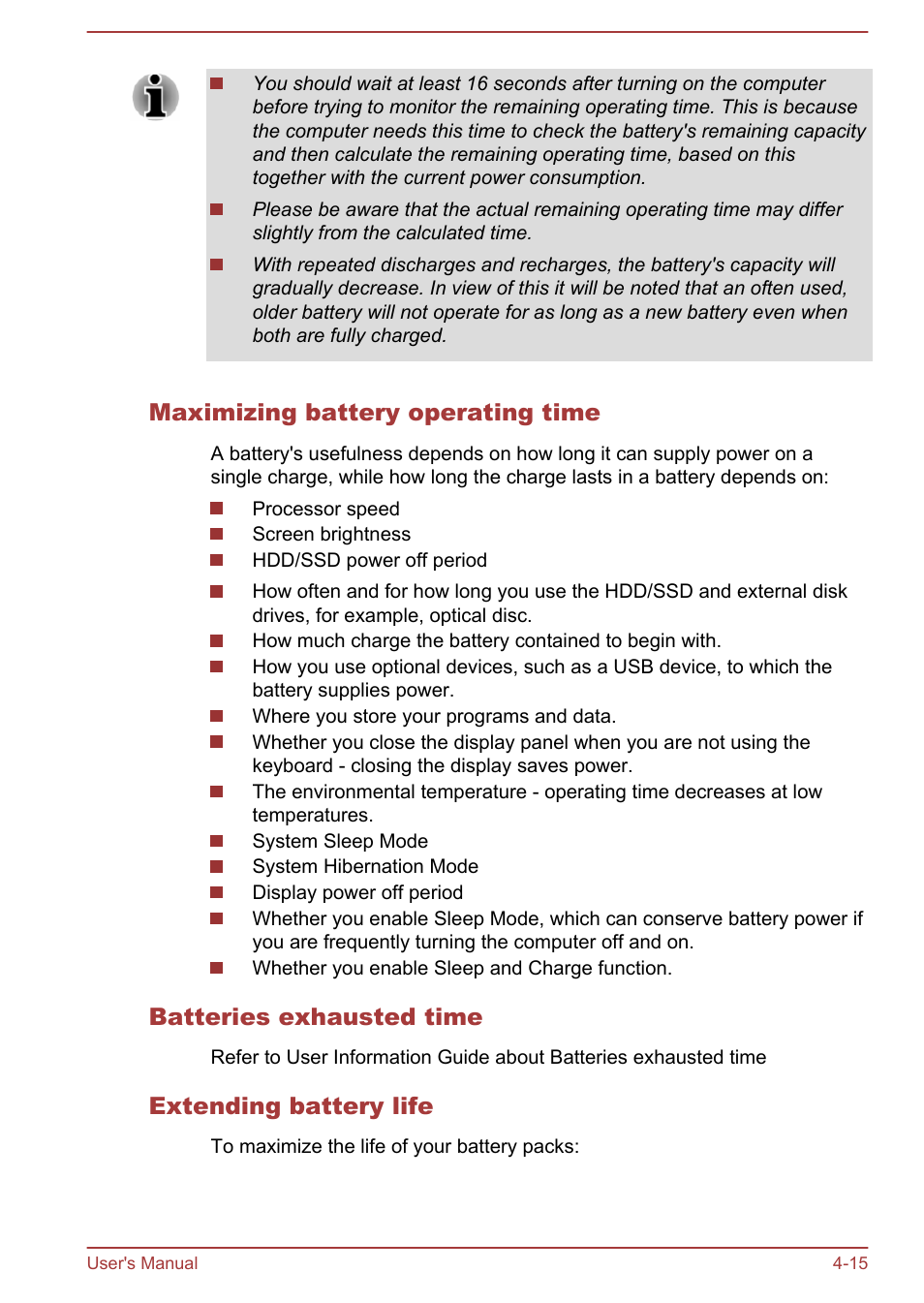 Maximizing battery operating time, Batteries exhausted time, Extending battery life | Toshiba Portege Z30T-A User Manual | Page 81 / 156