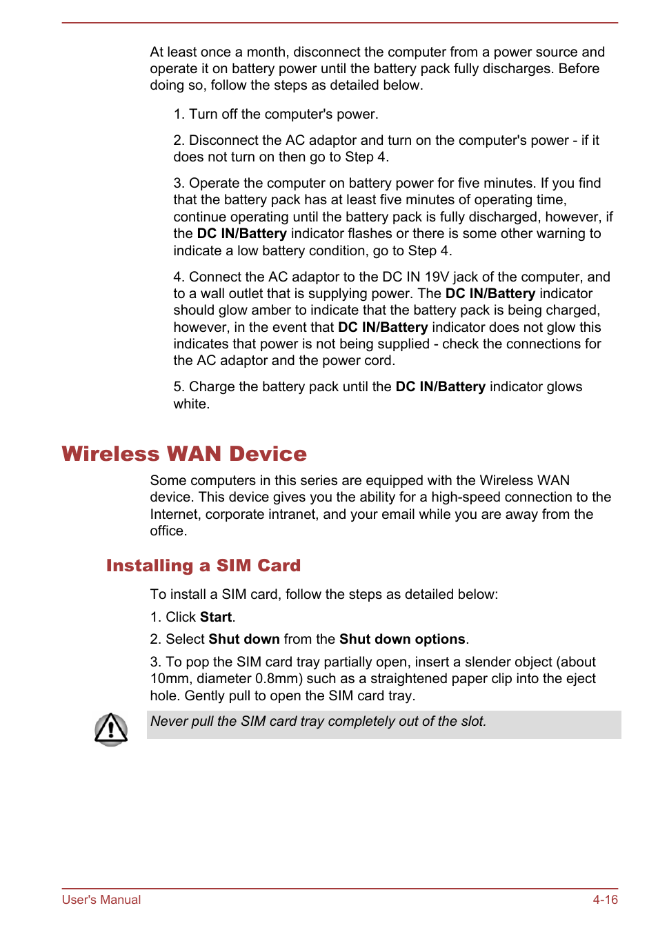 Wireless wan device, Installing a sim card, Wireless wan device -16 | Toshiba Portege Z30T-A User Manual | Page 82 / 156