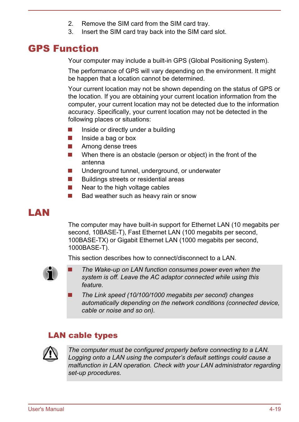 Gps function, Lan cable types, Gps function -19 lan -19 | Toshiba Portege Z30T-A User Manual | Page 85 / 156