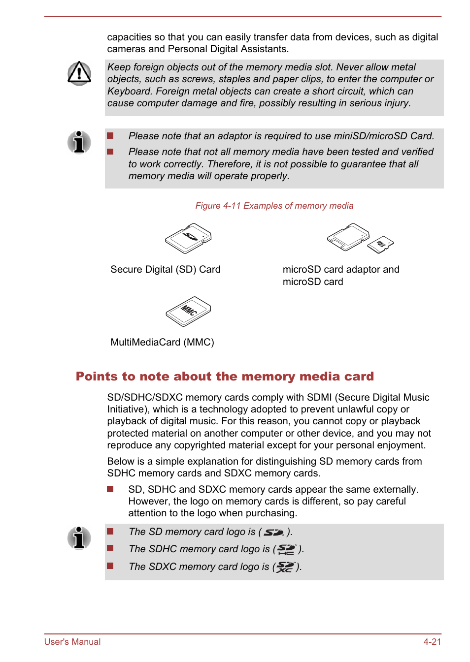 Points to note about the memory media card | Toshiba Portege Z30T-A User Manual | Page 87 / 156