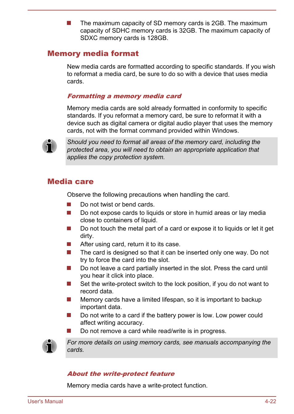 Memory media format, Media care | Toshiba Portege Z30T-A User Manual | Page 88 / 156