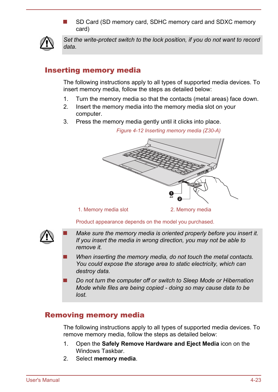Inserting memory media, Removing memory media | Toshiba Portege Z30T-A User Manual | Page 89 / 156