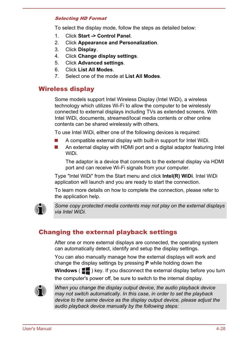 Wireless display, Changing the external playback settings | Toshiba Portege Z30T-A User Manual | Page 94 / 156