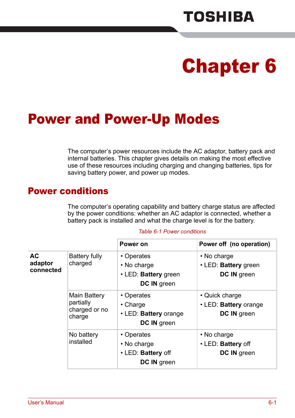 Chapter 6 - power and power-up modes, Power conditions, Chapter 6 | Power and power-up modes, Power conditions -1, Power and power-up, Modes | Toshiba Satellite Pro A120 (PSAC0) User Manual | Page 101 / 220