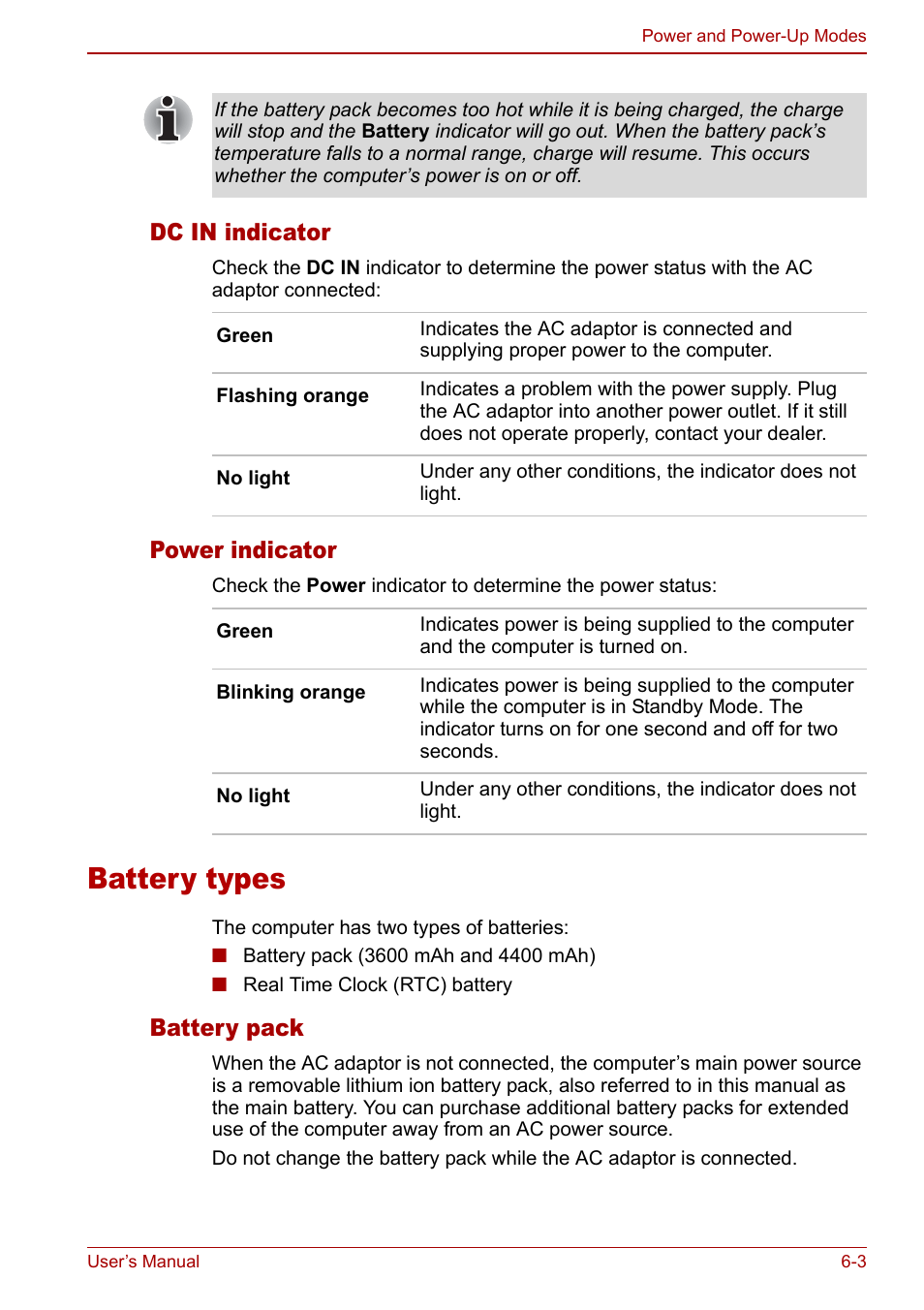 Battery types, Battery types -3, Dc in indicator | Power indicator, Battery pack | Toshiba Satellite Pro A120 (PSAC0) User Manual | Page 103 / 220