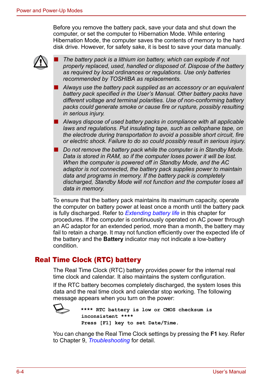 Real time clock (rtc) battery | Toshiba Satellite Pro A120 (PSAC0) User Manual | Page 104 / 220
