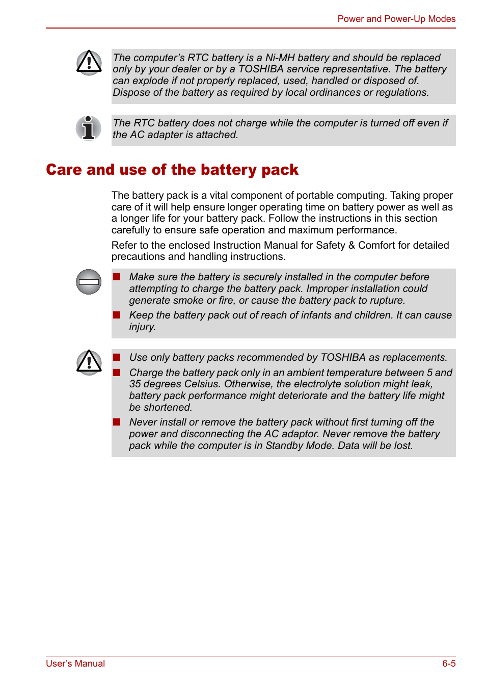 Care and use of the battery pack, Care and use of the battery pack -5 | Toshiba Satellite Pro A120 (PSAC0) User Manual | Page 105 / 220