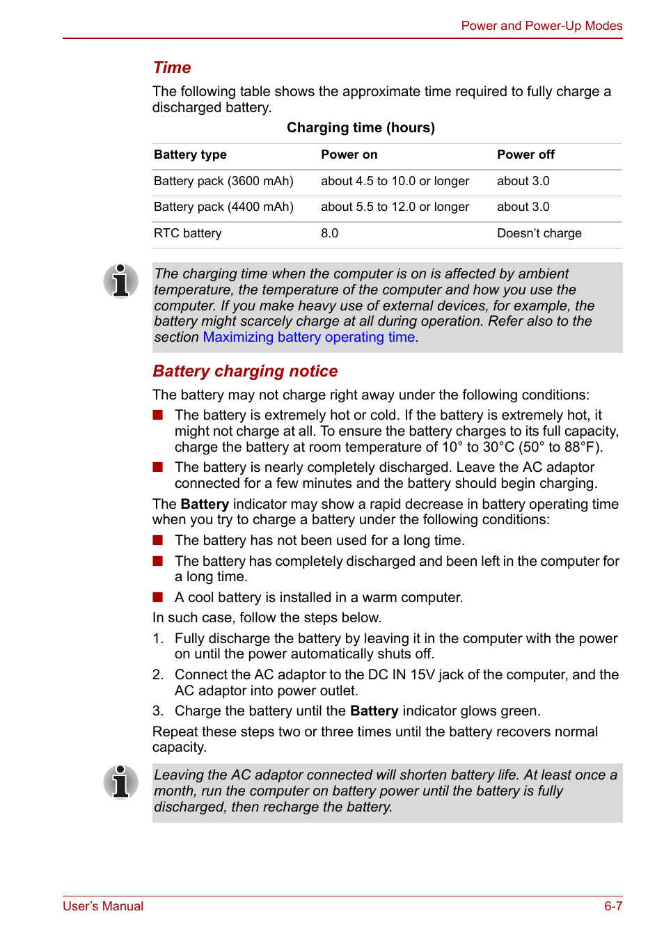 Time, Battery charging notice | Toshiba Satellite Pro A120 (PSAC0) User Manual | Page 107 / 220