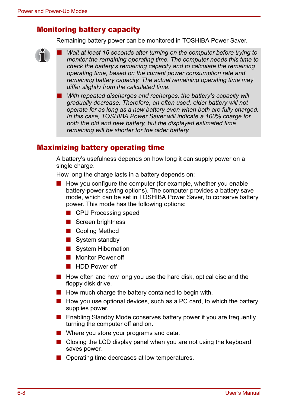 Monitoring battery capacity, Maximizing battery operating time | Toshiba Satellite Pro A120 (PSAC0) User Manual | Page 108 / 220