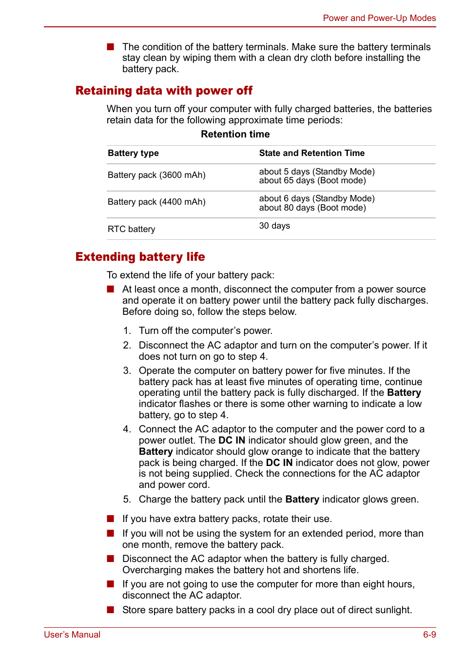 Retaining data with power off, Extending battery life | Toshiba Satellite Pro A120 (PSAC0) User Manual | Page 109 / 220