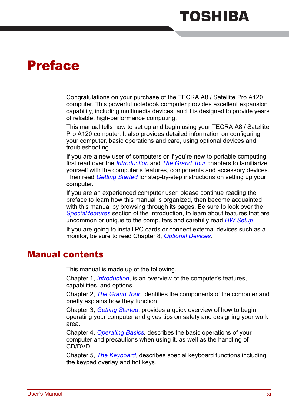 Preface, Manual contents | Toshiba Satellite Pro A120 (PSAC0) User Manual | Page 11 / 220