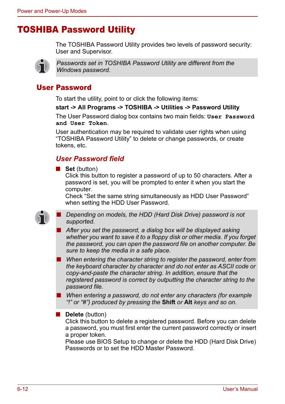 Toshiba password utility, Toshiba password utility -12, User password | Toshiba Satellite Pro A120 (PSAC0) User Manual | Page 112 / 220