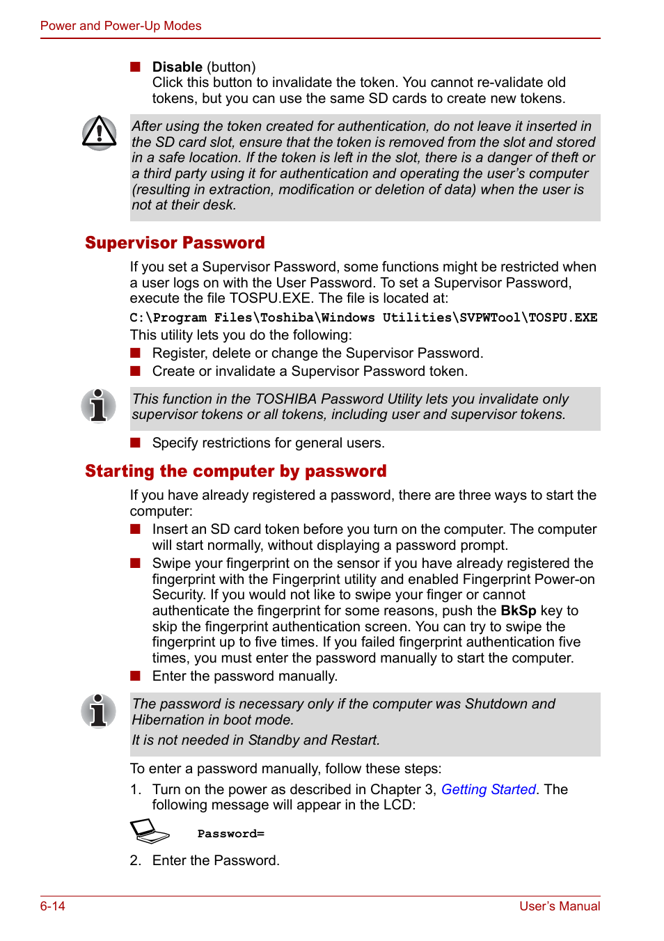 Supervisor password, Starting the computer by password | Toshiba Satellite Pro A120 (PSAC0) User Manual | Page 114 / 220
