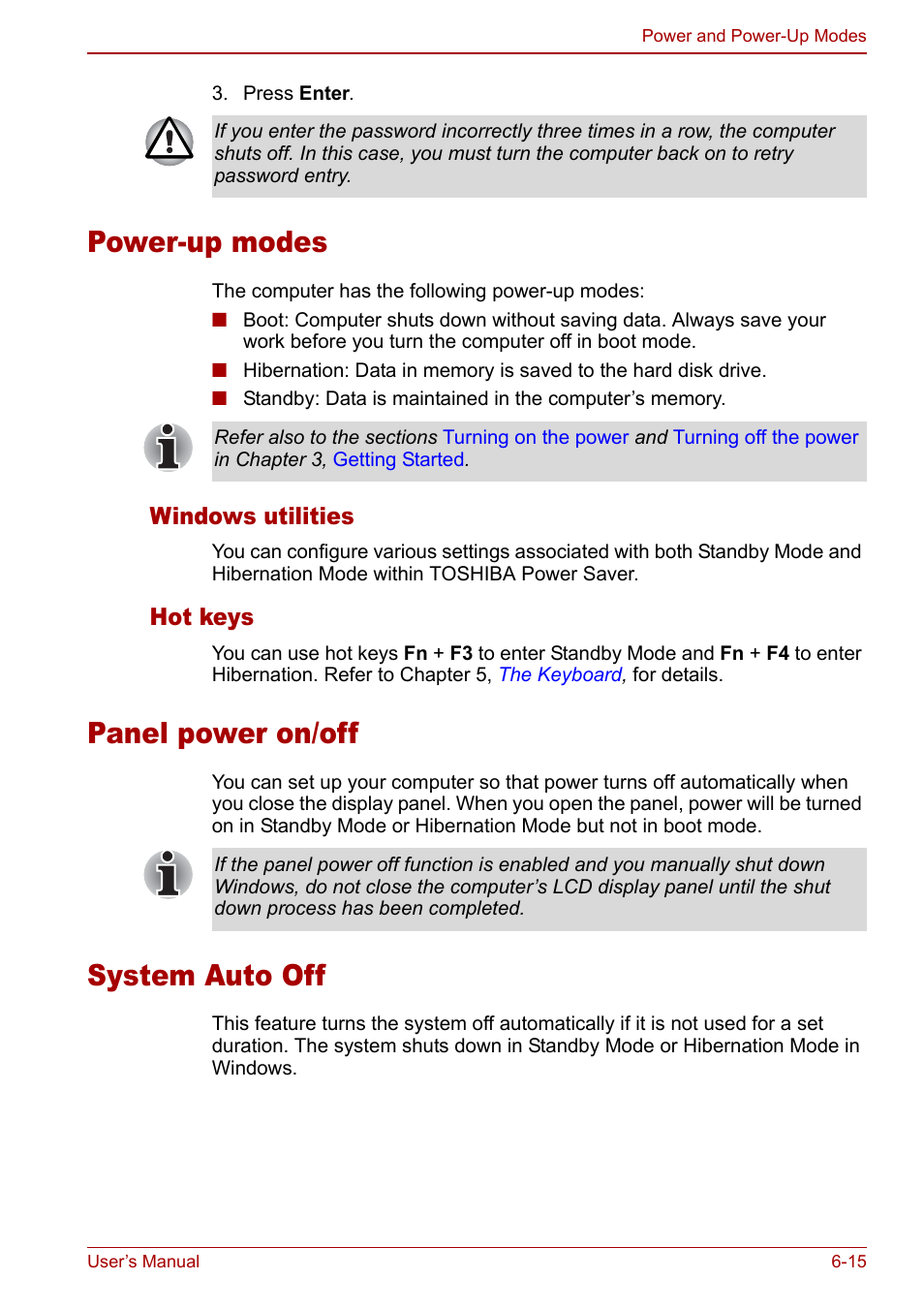 Power-up modes, Panel power on/off, System auto off | Toshiba Satellite Pro A120 (PSAC0) User Manual | Page 115 / 220