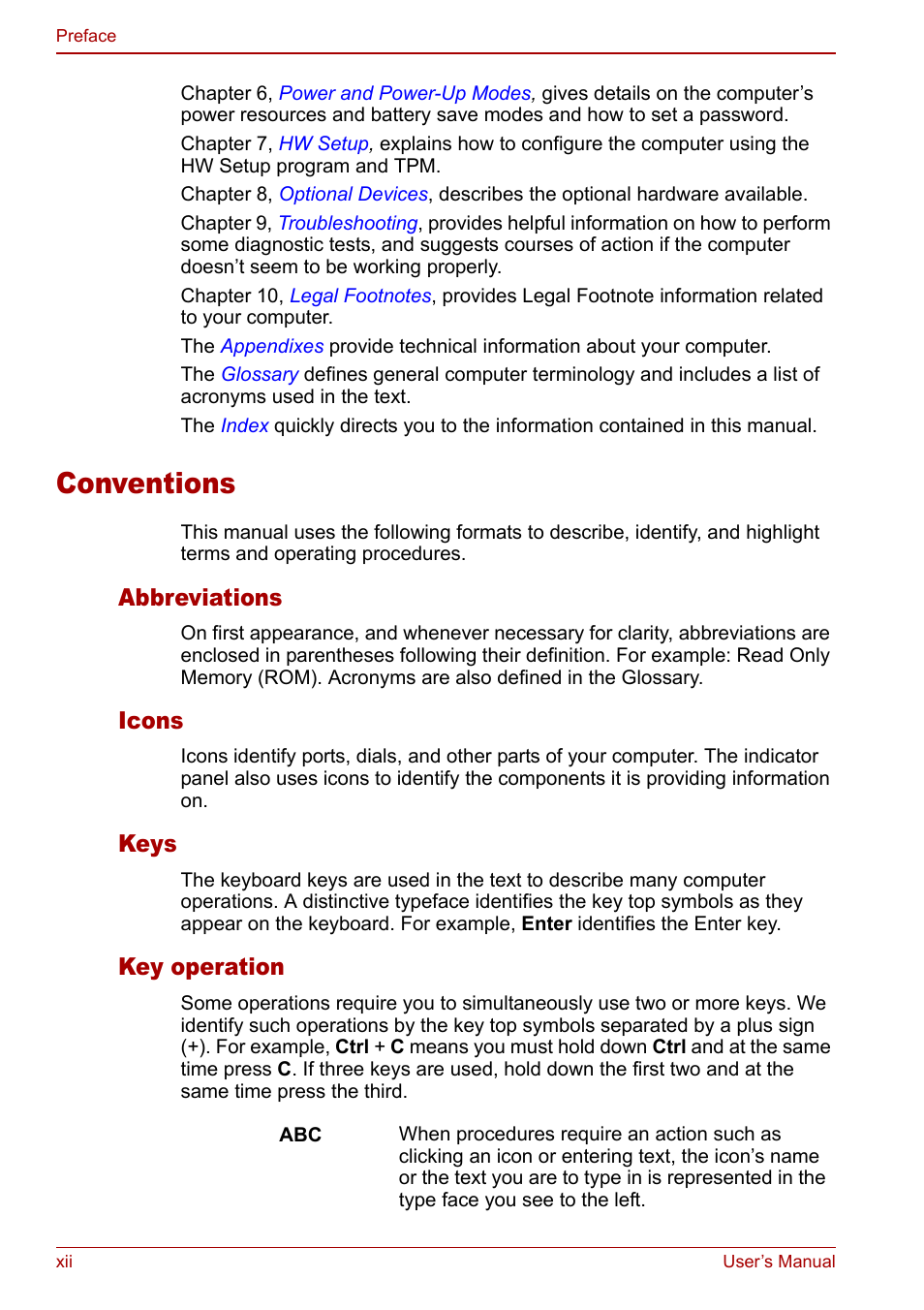 Conventions, Abbreviations, Icons | Keys, Key operation | Toshiba Satellite Pro A120 (PSAC0) User Manual | Page 12 / 220