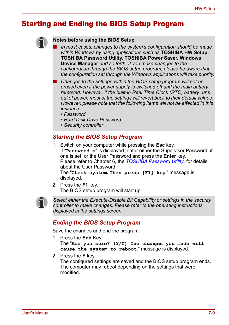 Starting and ending the bios setup program, Starting and ending the bios setup program -9 | Toshiba Satellite Pro A120 (PSAC0) User Manual | Page 125 / 220