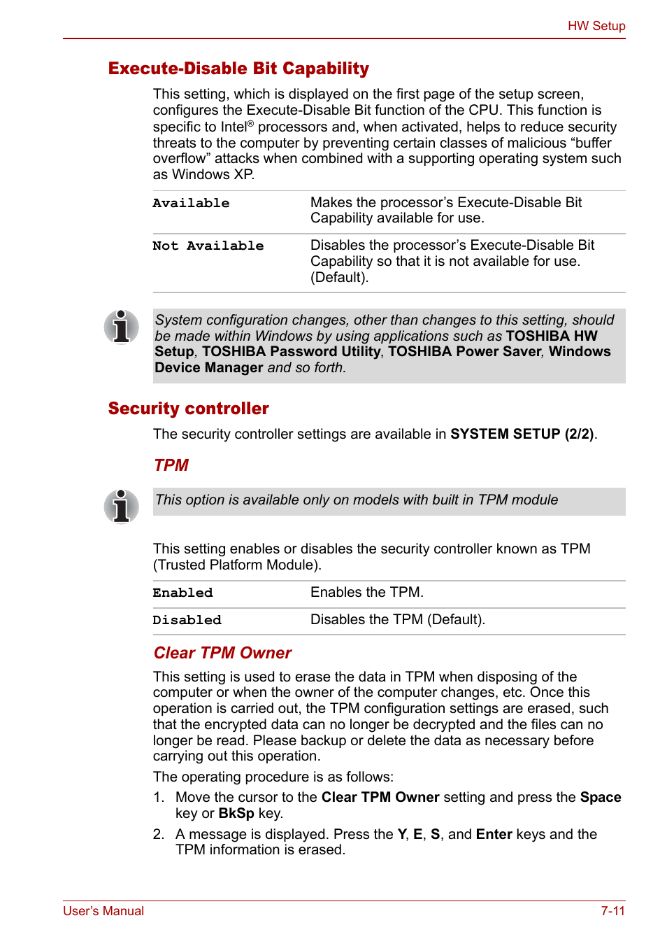 Execute-disable bit capability, Security controller | Toshiba Satellite Pro A120 (PSAC0) User Manual | Page 127 / 220