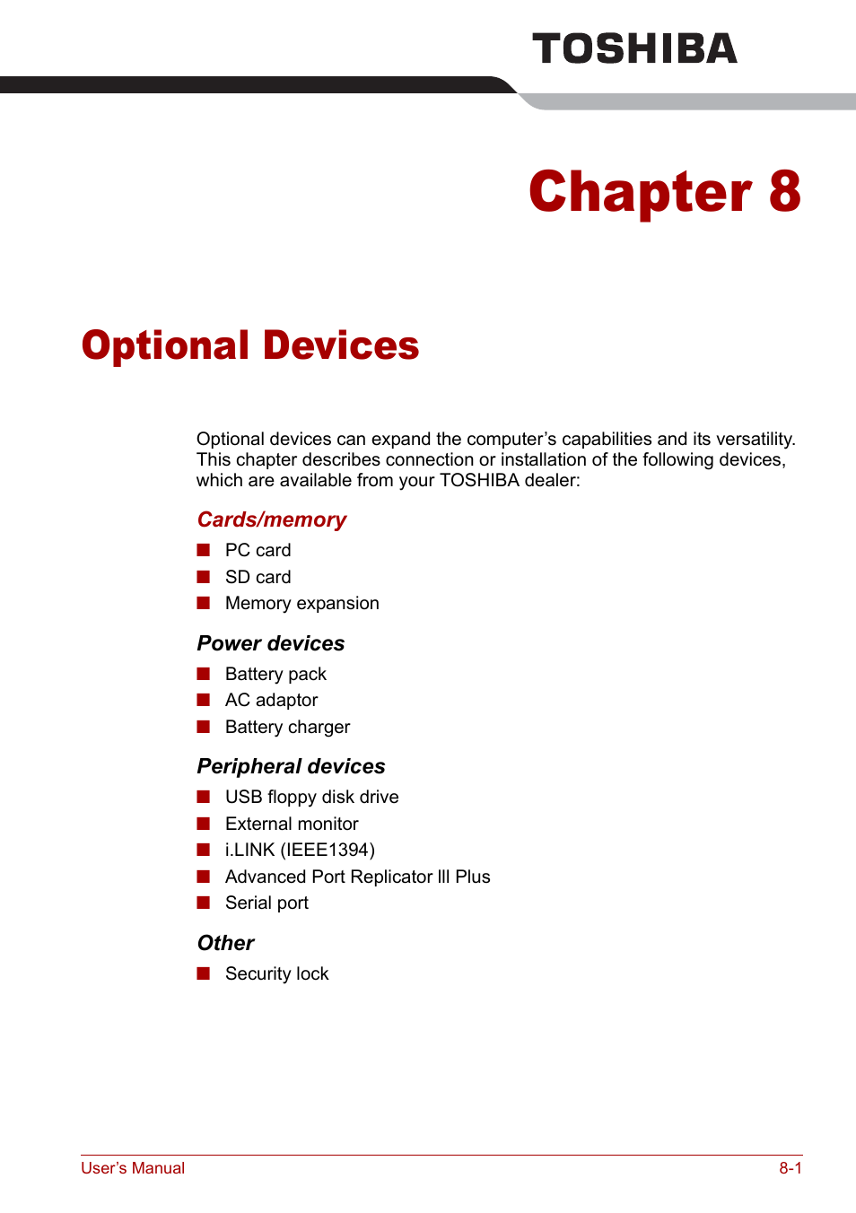 Chapter 8 - optional devices, Chapter 8, Optional devices | Hapter 8, Ter 8, Apter 8 | Toshiba Satellite Pro A120 (PSAC0) User Manual | Page 129 / 220