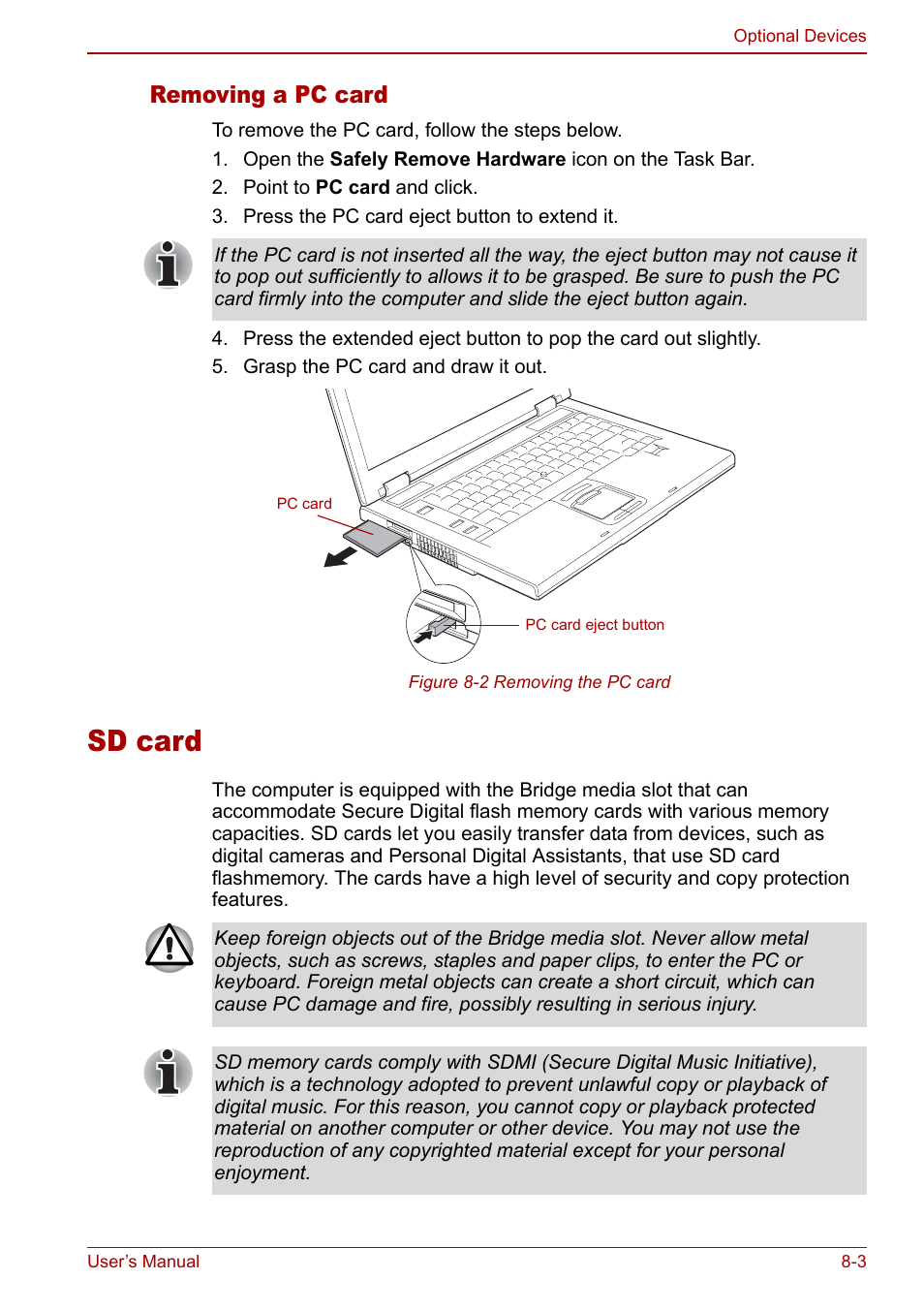 Sd card, Sd card -3, Removing a pc card | Toshiba Satellite Pro A120 (PSAC0) User Manual | Page 131 / 220