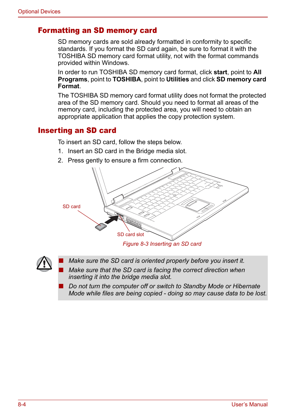 Inserting an sd card | Toshiba Satellite Pro A120 (PSAC0) User Manual | Page 132 / 220