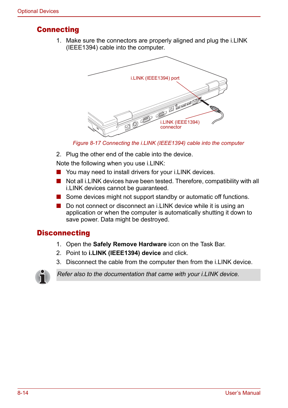 Connecting, Disconnecting | Toshiba Satellite Pro A120 (PSAC0) User Manual | Page 142 / 220
