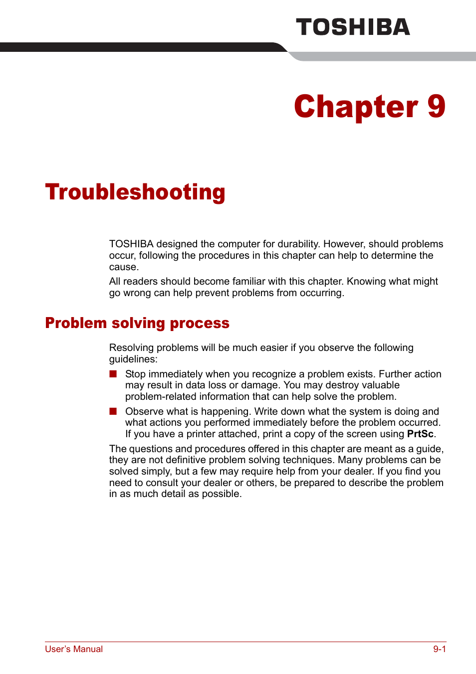 Chapter 9 - troubleshooting, Problem solving process, Chapter 9 | Troubleshooting, Problem solving process -1 | Toshiba Satellite Pro A120 (PSAC0) User Manual | Page 147 / 220