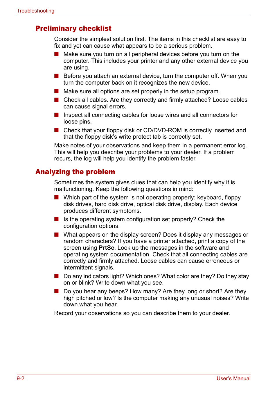 Preliminary checklist, Analyzing the problem | Toshiba Satellite Pro A120 (PSAC0) User Manual | Page 148 / 220