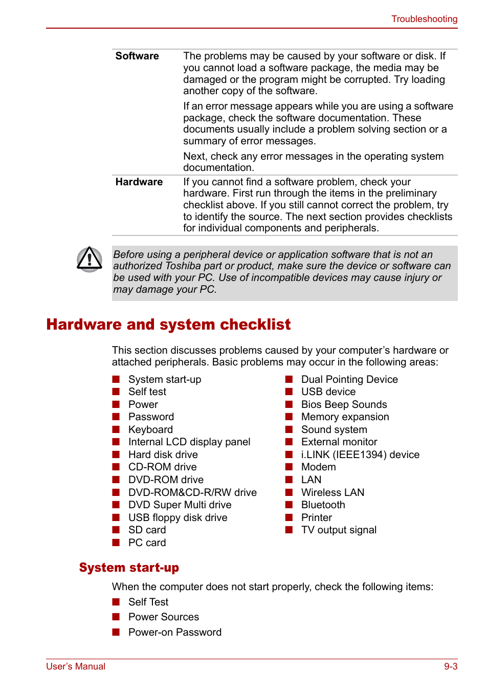 Hardware and system checklist, Hardware and system checklist -3, System start-up | Toshiba Satellite Pro A120 (PSAC0) User Manual | Page 149 / 220