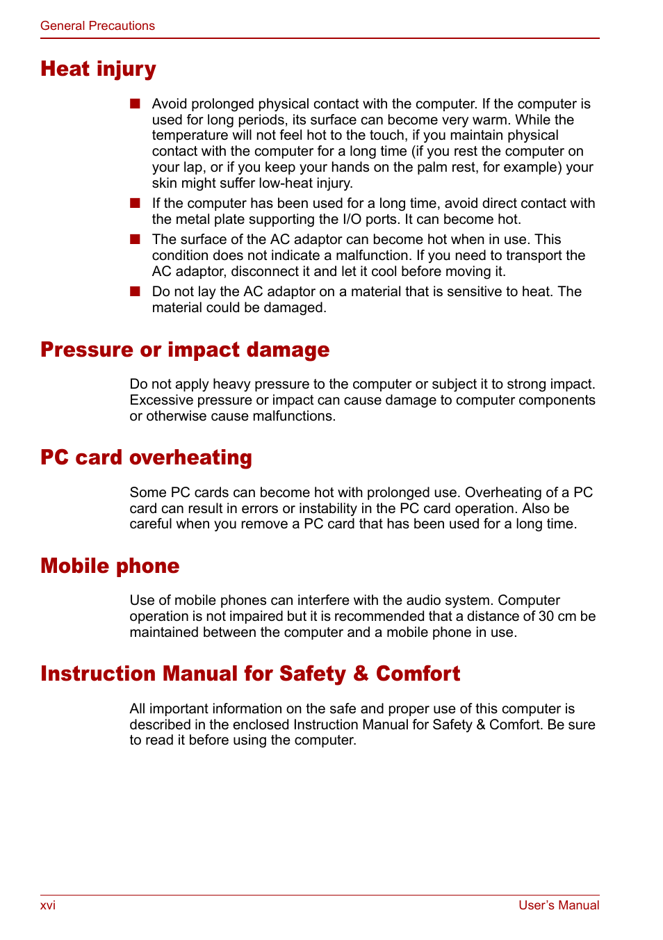 Heat injury, Pressure or impact damage, Pc card overheating | Mobile phone, Instruction manual for safety & comfort | Toshiba Satellite Pro A120 (PSAC0) User Manual | Page 16 / 220