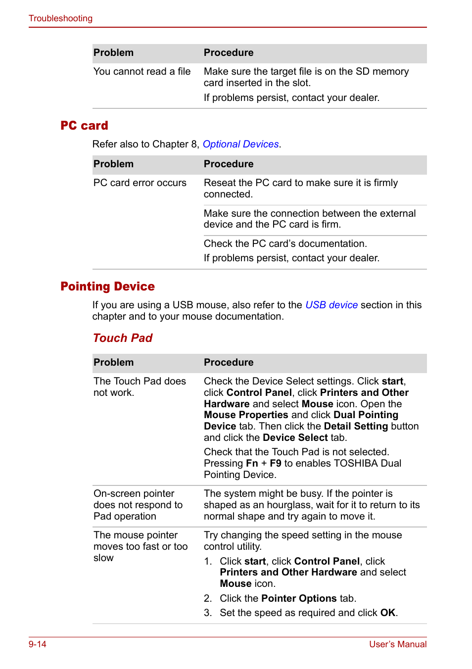 Pc card, Pointing device | Toshiba Satellite Pro A120 (PSAC0) User Manual | Page 160 / 220