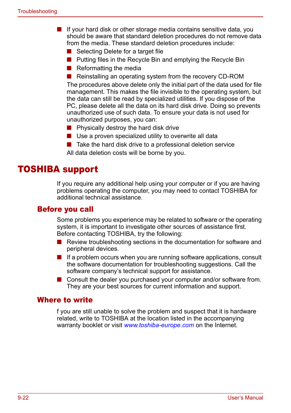 Toshiba support, Toshiba support -22, Before you call | Where to write | Toshiba Satellite Pro A120 (PSAC0) User Manual | Page 168 / 220