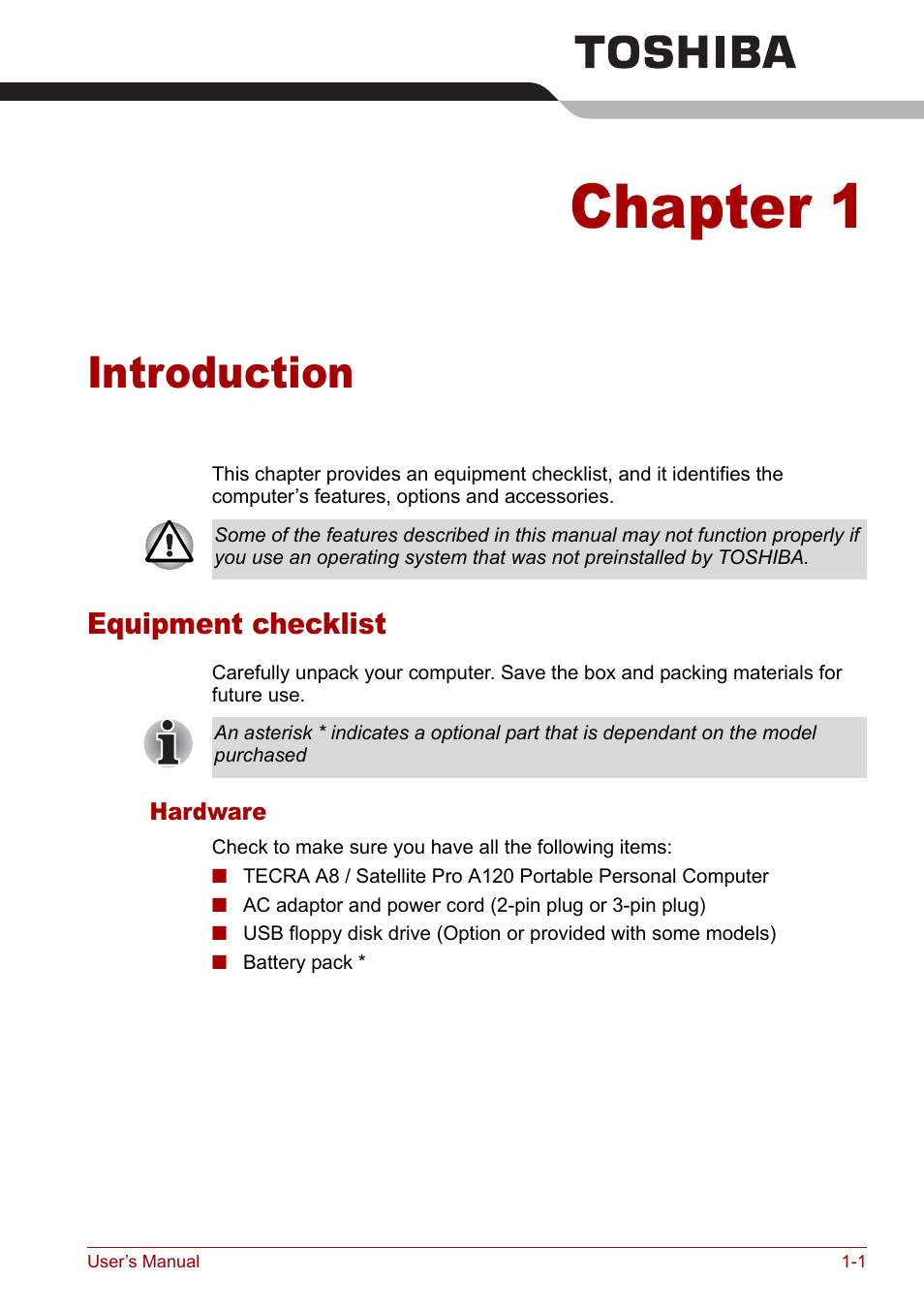 Chapter 1 - introduction, Equipment checklist, Chapter 1 | Introduction, Equipment checklist -1, Is an overvie | Toshiba Satellite Pro A120 (PSAC0) User Manual | Page 17 / 220