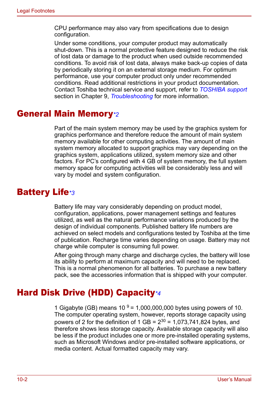 L footnote (general main memory), Drive (hdd) capacity), Battery lif e | Hard disk drive (hdd) ca pacity | Toshiba Satellite Pro A120 (PSAC0) User Manual | Page 170 / 220